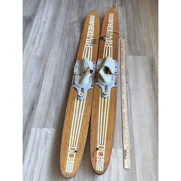 Vintage Pair Junior Size RIVIERA Adjustable Binding Metal Wood Water Skis - Picture 11 of 11